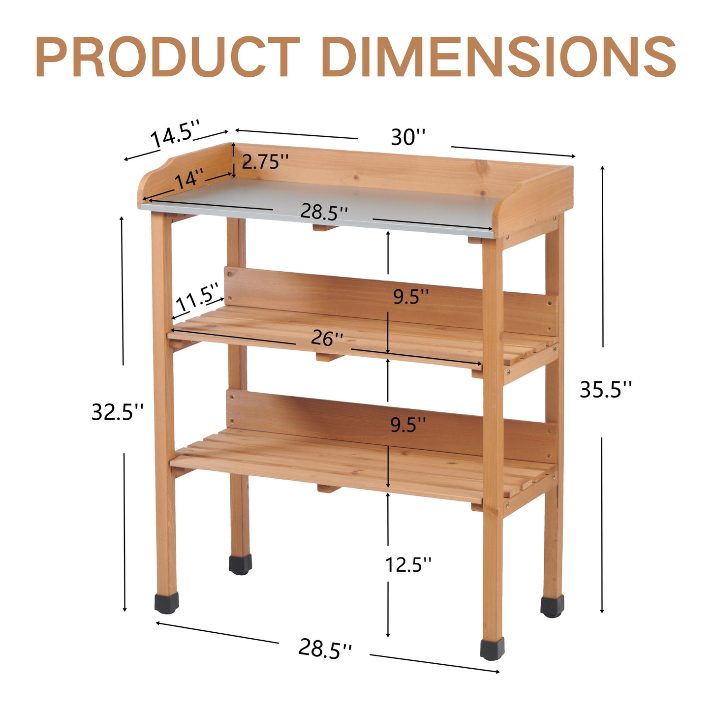 30″x14.5″×35.5″ Potting Table w/Metal Tabletop, 3 Layers Outdoor Work Bench w/Hook for Garden, Solid Wood Workstation for Garage