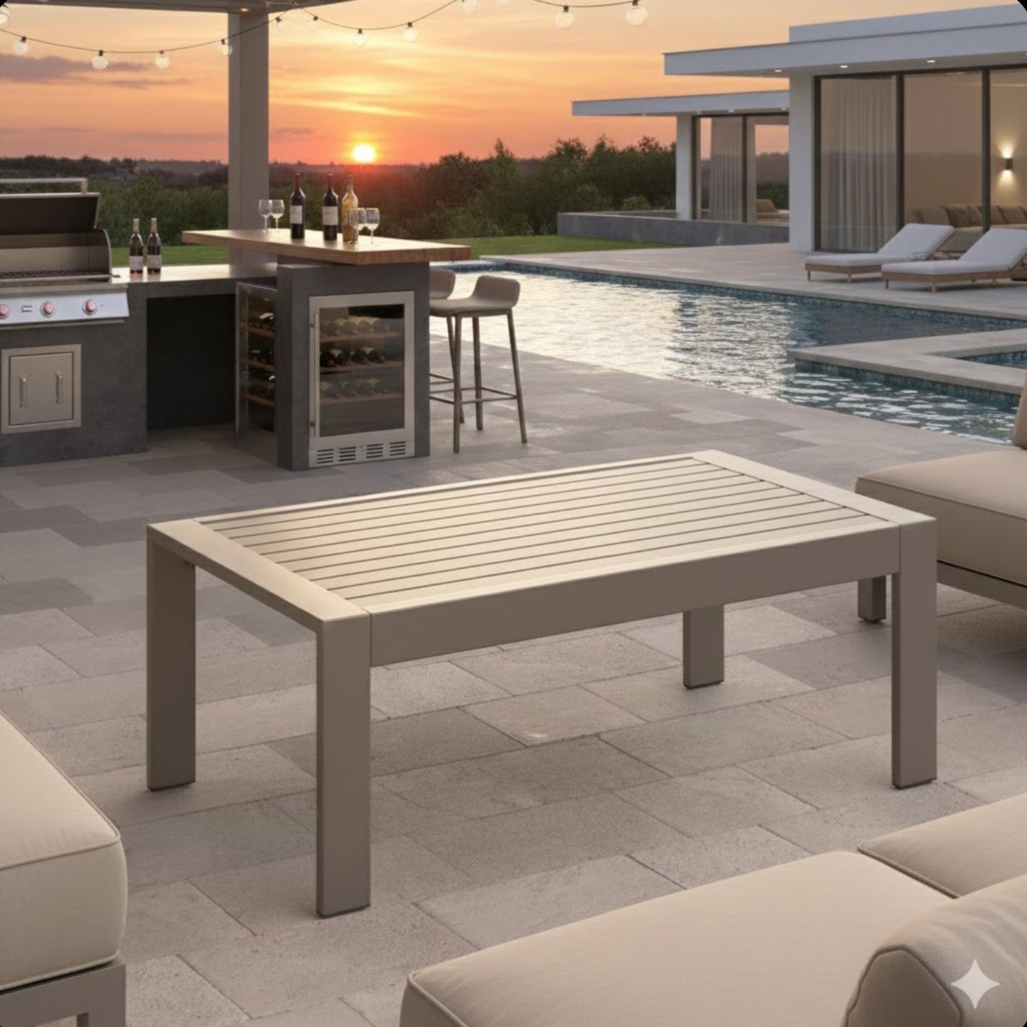 43" x 24" All-Weather Metal Outdoor Coffee Table with Wood-Look Top and Khaki Frame