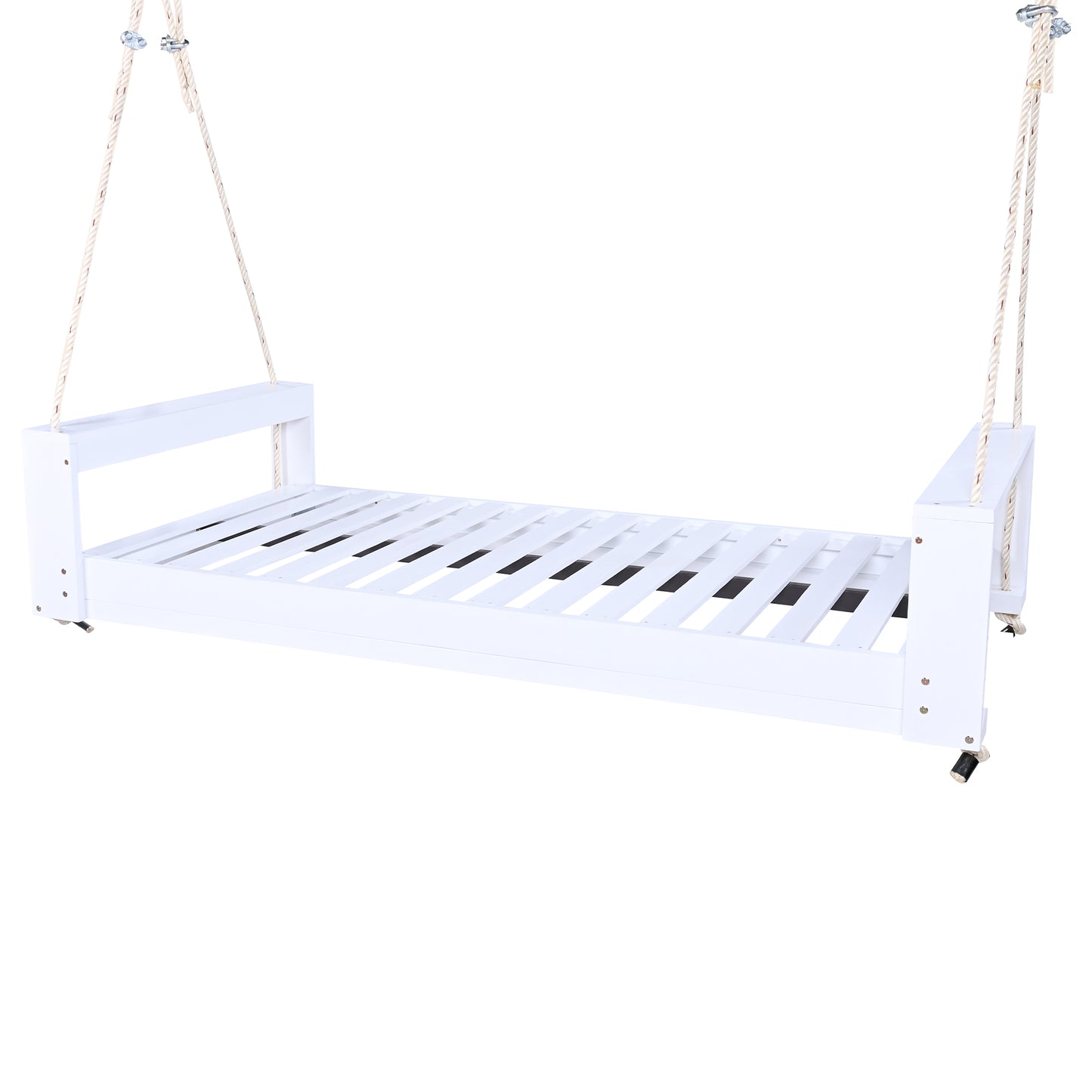 TOPMAX Twin Size Porch Swing Bed Seating Group, Patio Acacia Wood Swing Frame with Hemp Ropes for Garden, Backyard, White
