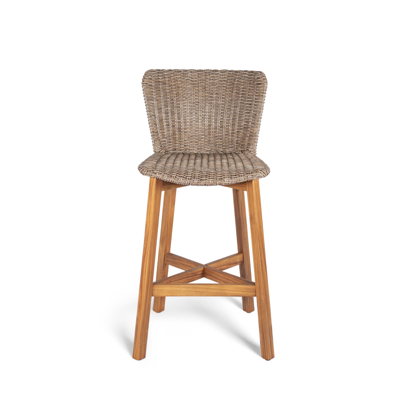 Lymington Outdoor Bar Stool, Teak Finished Wood with Light Brown Wicker, Set of 2