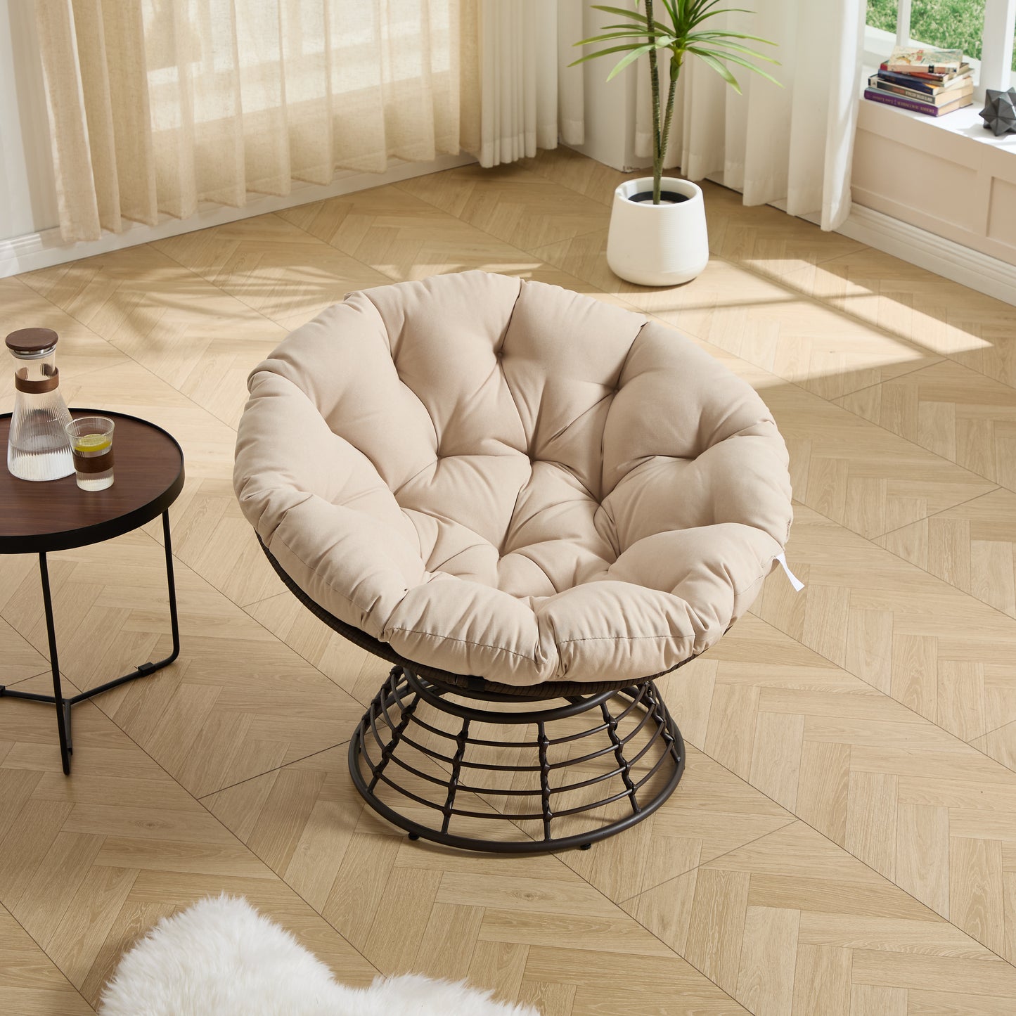 Comfortable Ergonomic Wicker Papasan Chair, 360° Swivel Indoor Outdoor Rattan Chair with Soft Thick Cushion, Ideal for Living Room, Bedroom, Reading Room, Brown Frame with Beige Cushion