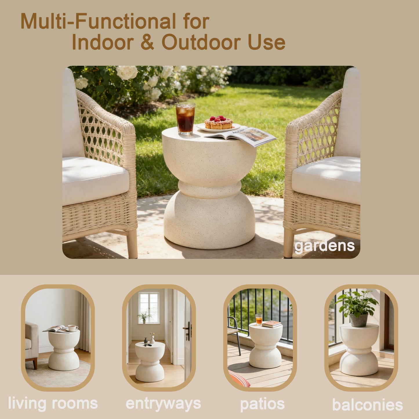 U_Style Outdoor Concrete Side Table,Rounded Waist Outdoor End Tables, Decorative Garden Stools for Indoor Outdoor With Imitation Natural Stone Texture Patio Accent Side Table