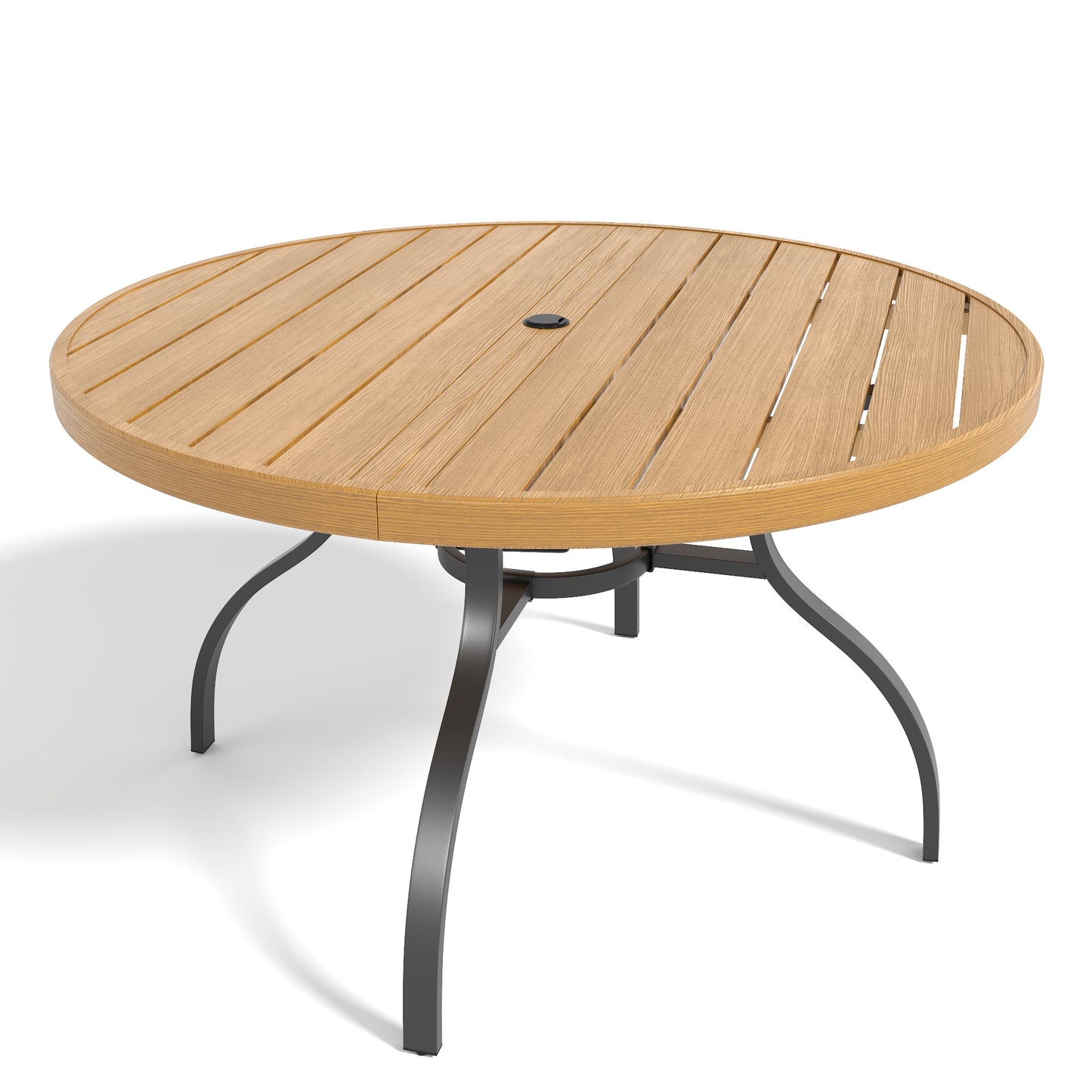 "Round Faux Wood Slat Patio Table 47" with Umbrella Hole, Realistic Wood Grain Top + Matte Black High-Quality Iron Legs, Rust-Resistant Outdoor Dining Table for Garden Patio Balcony