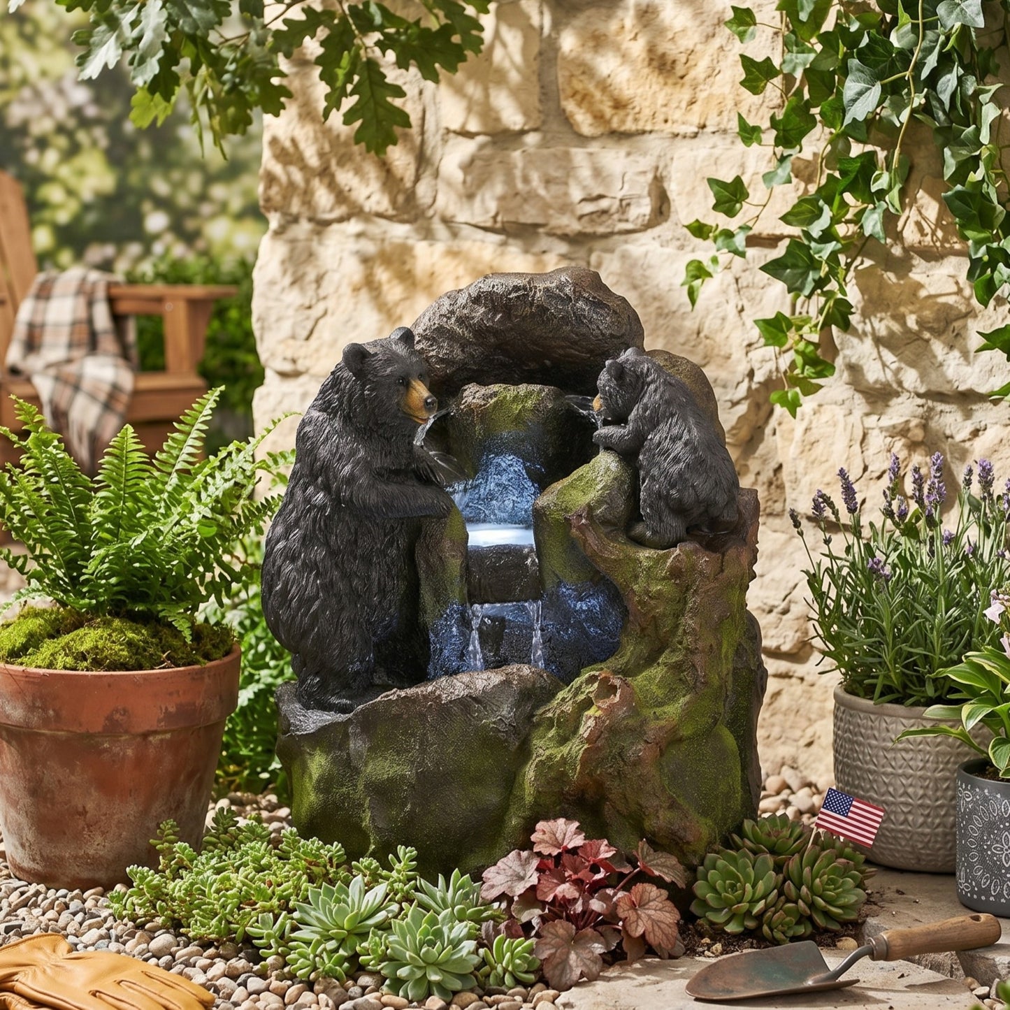 23.75" High Hand Crafted Weather Resistant Floor Fountain, Moss + Black