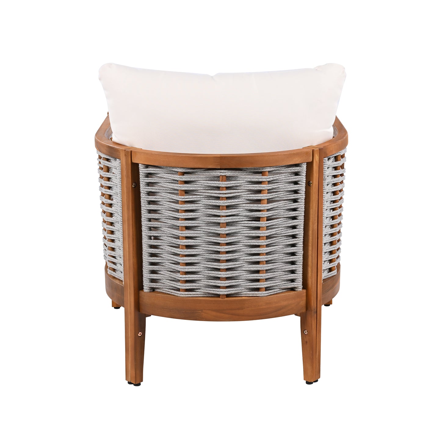 Outdoor Unique Tub Design Armchair with Woven Rope, Patio Furniture Acacia Wood Chair,  Deep Seating with Soft Cushions for Porch, Garden, Backyard, Balcony, Teak Finish & Beige Cushion