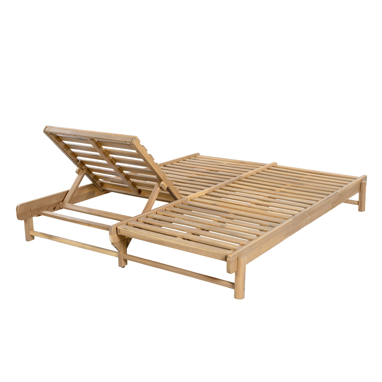 Light Teak Acacia Wood Double Chaise Lounger Set: 1 Frame + 2 Cream Cushions, 800 lbs Capacity, 3-Position Adjustable Backrest, 4" Thick 3-Fold Water-Resistant Cushions for Patio Poolside Backyard