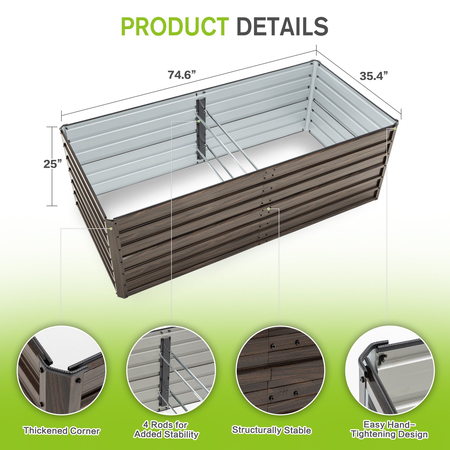 74.6"x35.4"x25" Raised Garden Bed Kit, Metal Elevated Planter Box, Open Drainage Base, 4 Reinforcing Rods, Rustproof Steel with Safety Edging – Easy Assembly for Vegetables, Flowers, Herbs