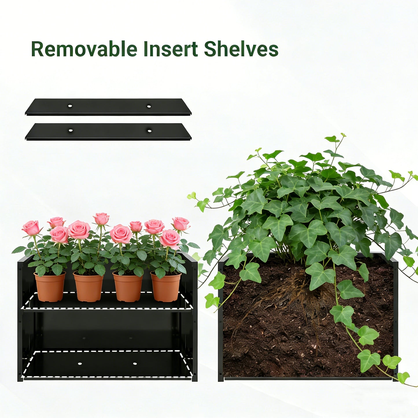 2-Piece Metal Planter Box with Trellis - 23.6in Depth Raised Garden Bed for Outdoor Indoor Use, Rust-Resistant Galvanized Steel Flower Planter with Drainage Holes, Tulip Black