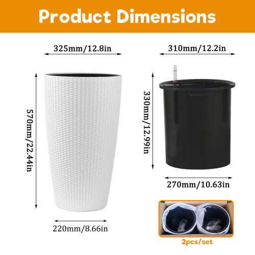 2-Piece Wicker Outdoor Planter Set with Water Level Monitoring Inner Bucket for Gardens, Patios, and Backyards, White