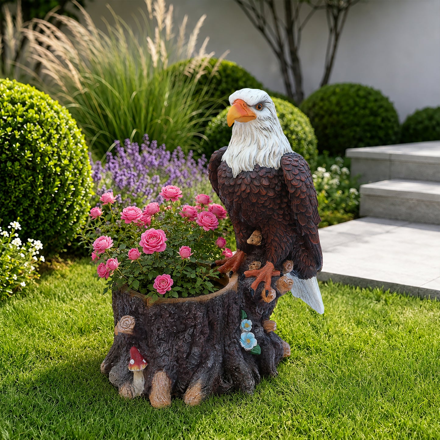 Realistic Standing Eagle Garden Planter on Tree Stump - Durable Polyresin Decorative Wildlife Flower Pot for Outdoor Lawn & Patio Decor