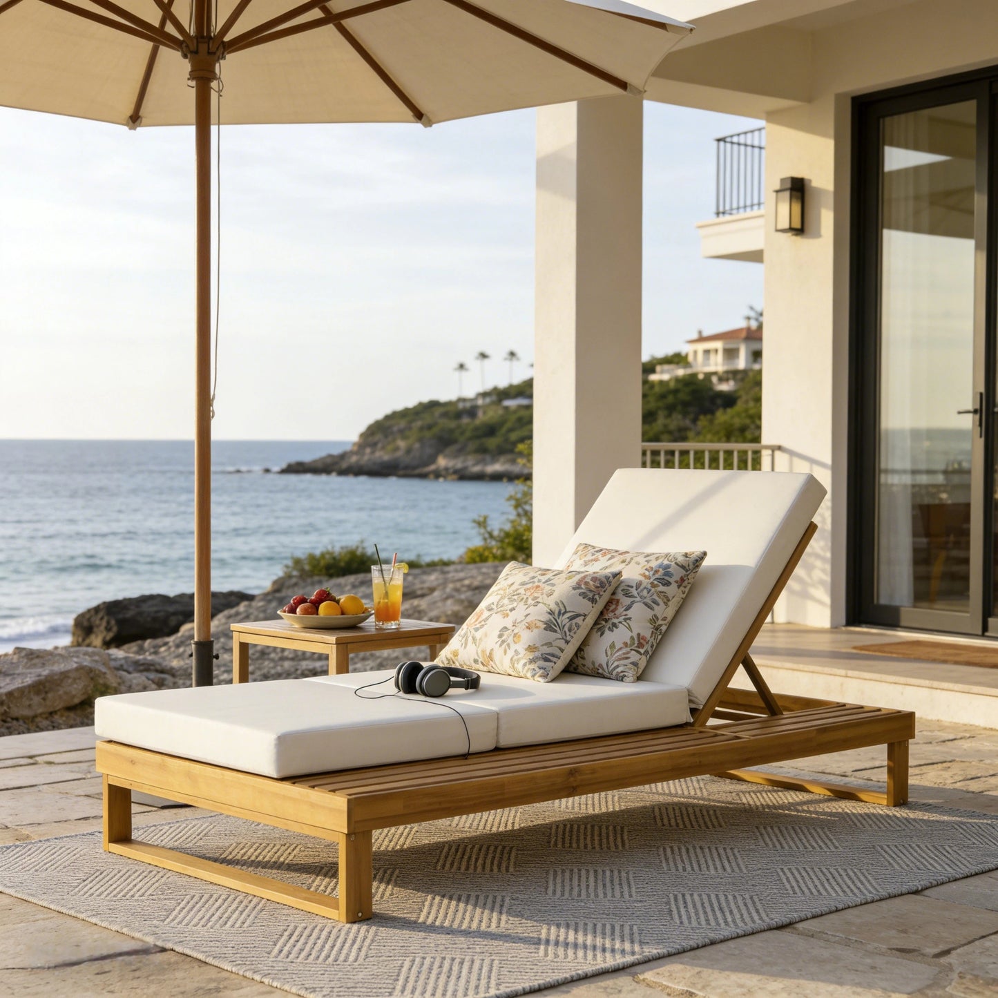 Teak Finish Acacia Wood Chaise Lounge with 4-Inch Cream 3-Fold Water-Resistant Cushion Set, 4-Position Adjustable Outdoor Patio Lounger with Flat Side Surface, for Poolside-Matching dark grey version