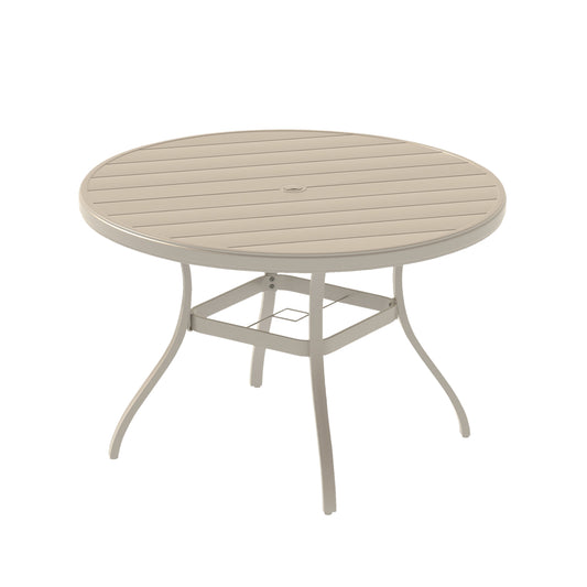 VRSHWO"Outdoor Round Patio Dining Table for 4-6, All Weather Metal Dining Table with Umbrella Hole for Deck Lawn Garden Backyard, Sandstone Color