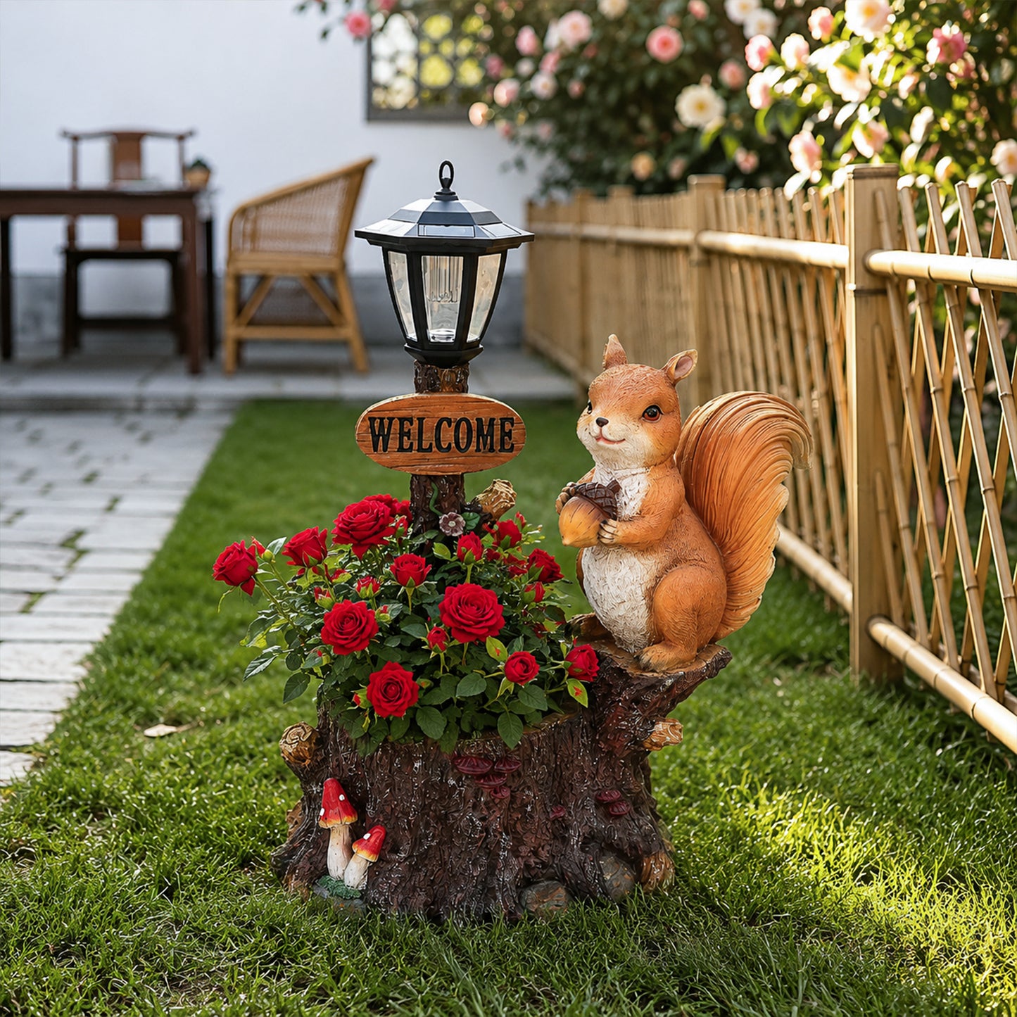 Cute Squirrel Garden Planter with Decorative Lantern - Polyresin Animal Figurine with Faux Oil Lamp for Outdoor Patio & Yard Decor