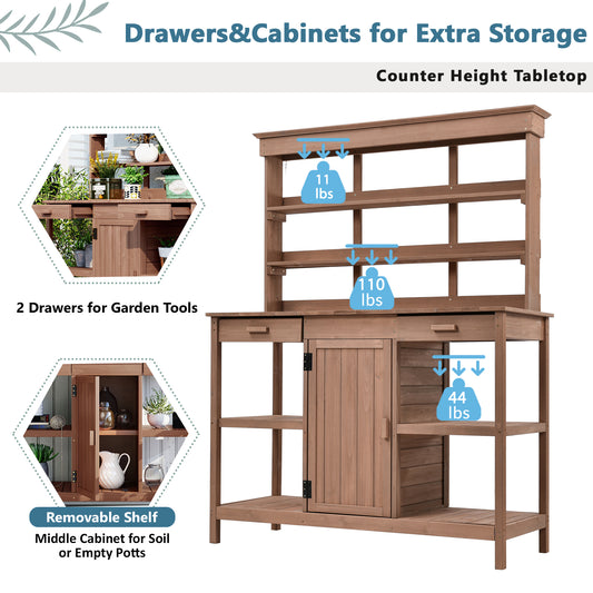 50 in. W x 66 in. H Brown Outdoor Farmhouse Fir Wood Garden Potting Bench Table with Drawers and Cabinet
