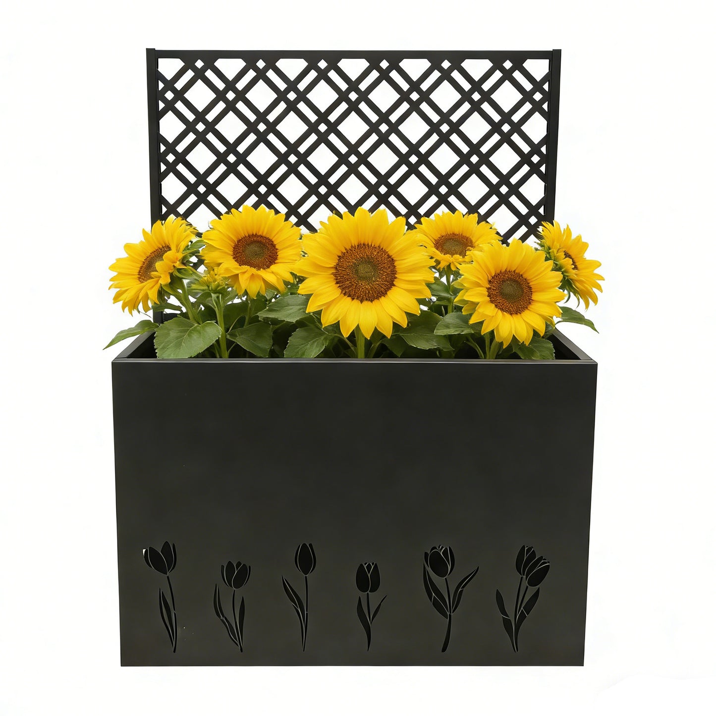 Tall Metal Planter Raised Garden Bed with Trellis 35.5in L x 11.9in W x 47.3in H - Large Flower Box Privacy Screen for Porch, Patio, Garden, Commercial Décor, Tulip Black