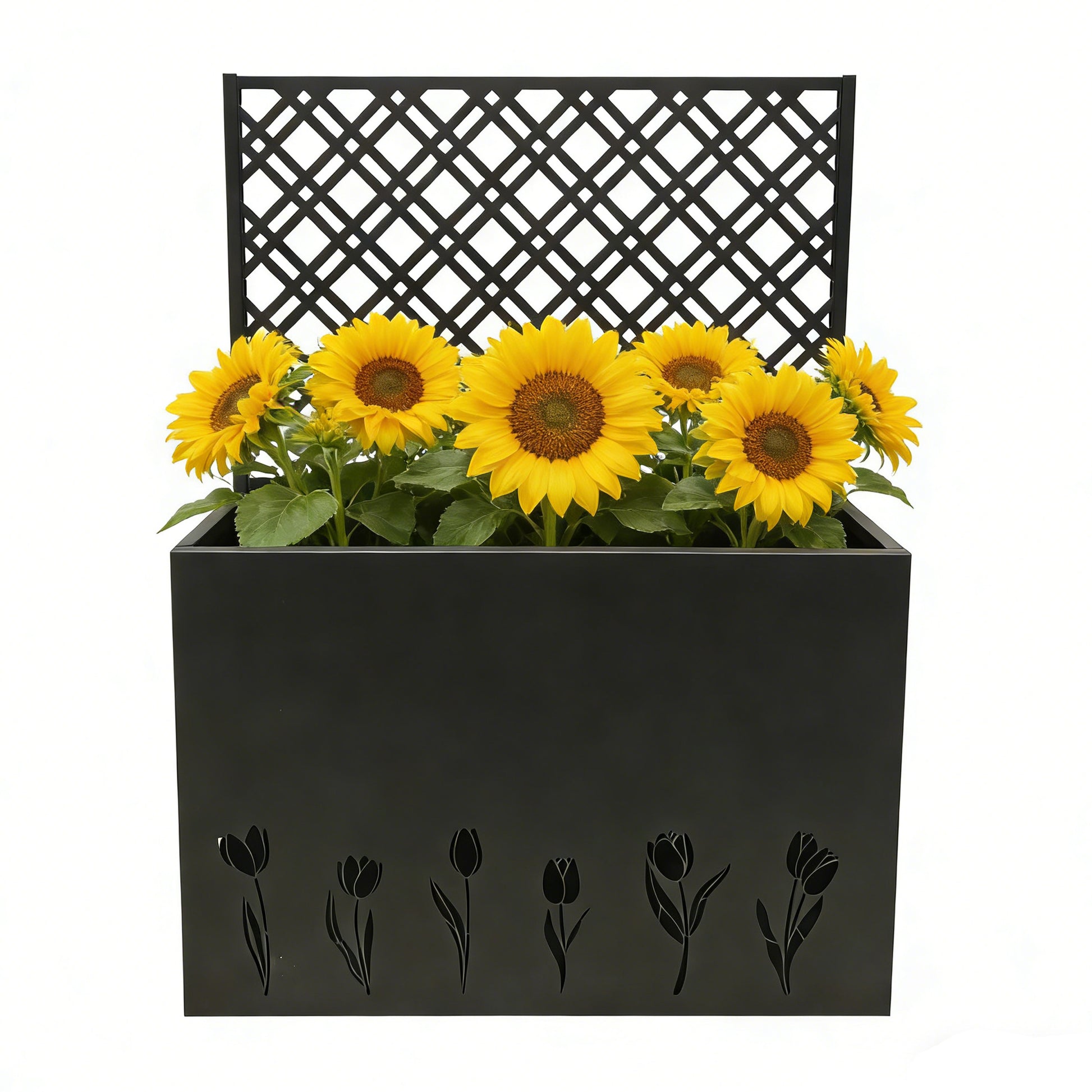 Tall Metal Planter Raised Garden Bed with Trellis 35.5in L x 11.9in W x 47.3in H - Large Flower Box Privacy Screen for Porch, Patio, Garden, Commercial Décor, Tulip Black