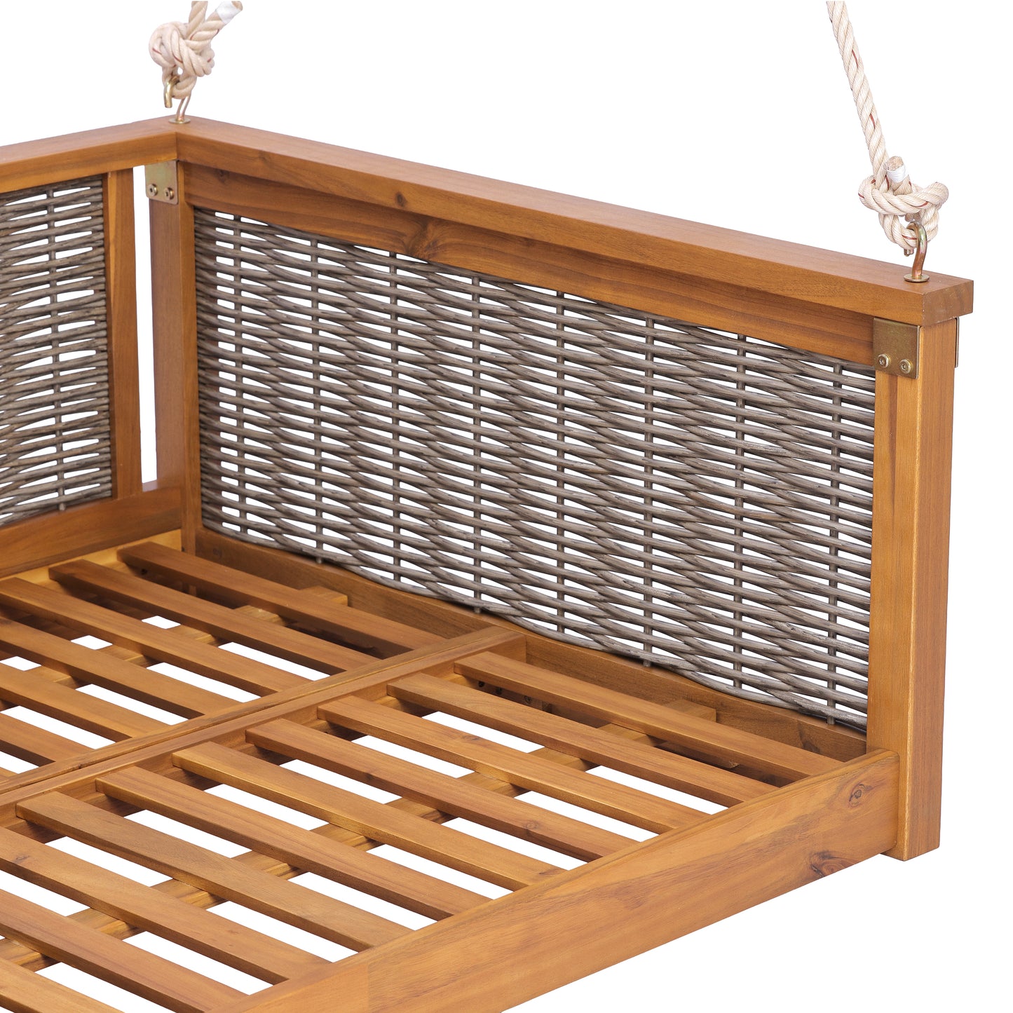 TOPMAX Outdoor Classic Solid Wood Twin Size Swing Bed,Garden Porch Rattan Swing Frame with Long Ropes for Poolside, Backyard,TEAK