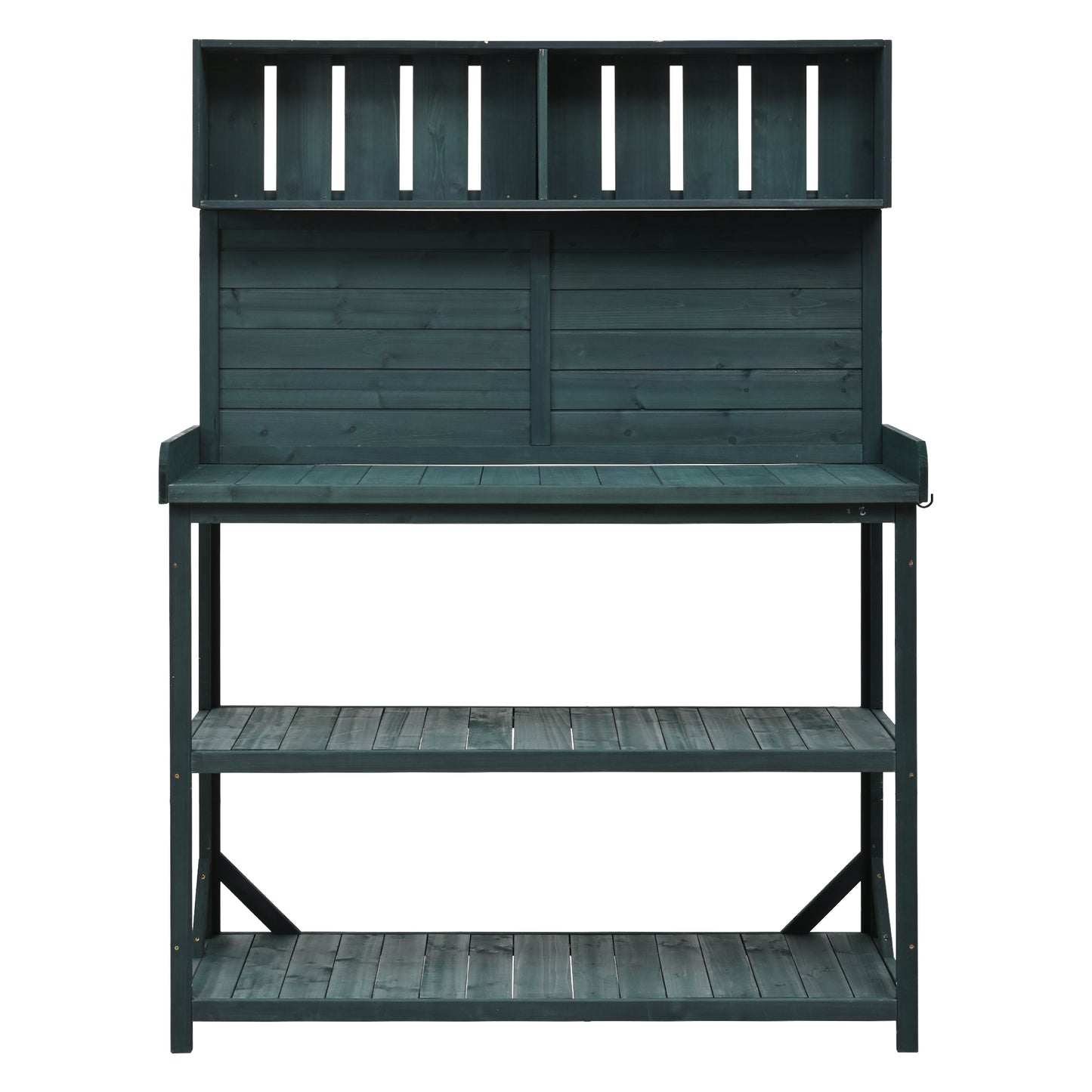 TOPMAX 65" Large Wooden Farmhouse Rustic Outdoor Potting Bench Table, Patio Workstation, Garden Potting Bench with 4 Storage Shelves and Side Hook, Forest Green