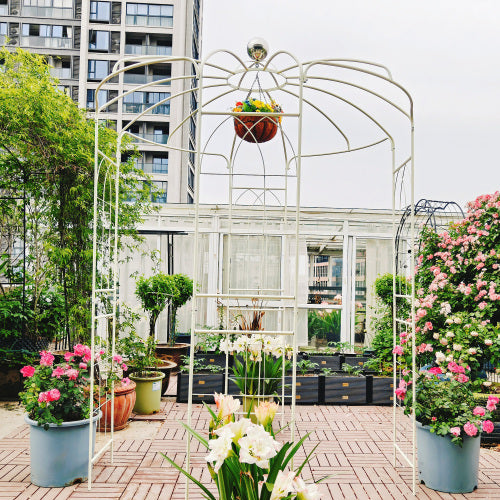 114.2 in. x 81.3 in. Metal Iron Garden Arch Birdcage Shape Pergola Pavilion Arbor for Outdoor Activity in White