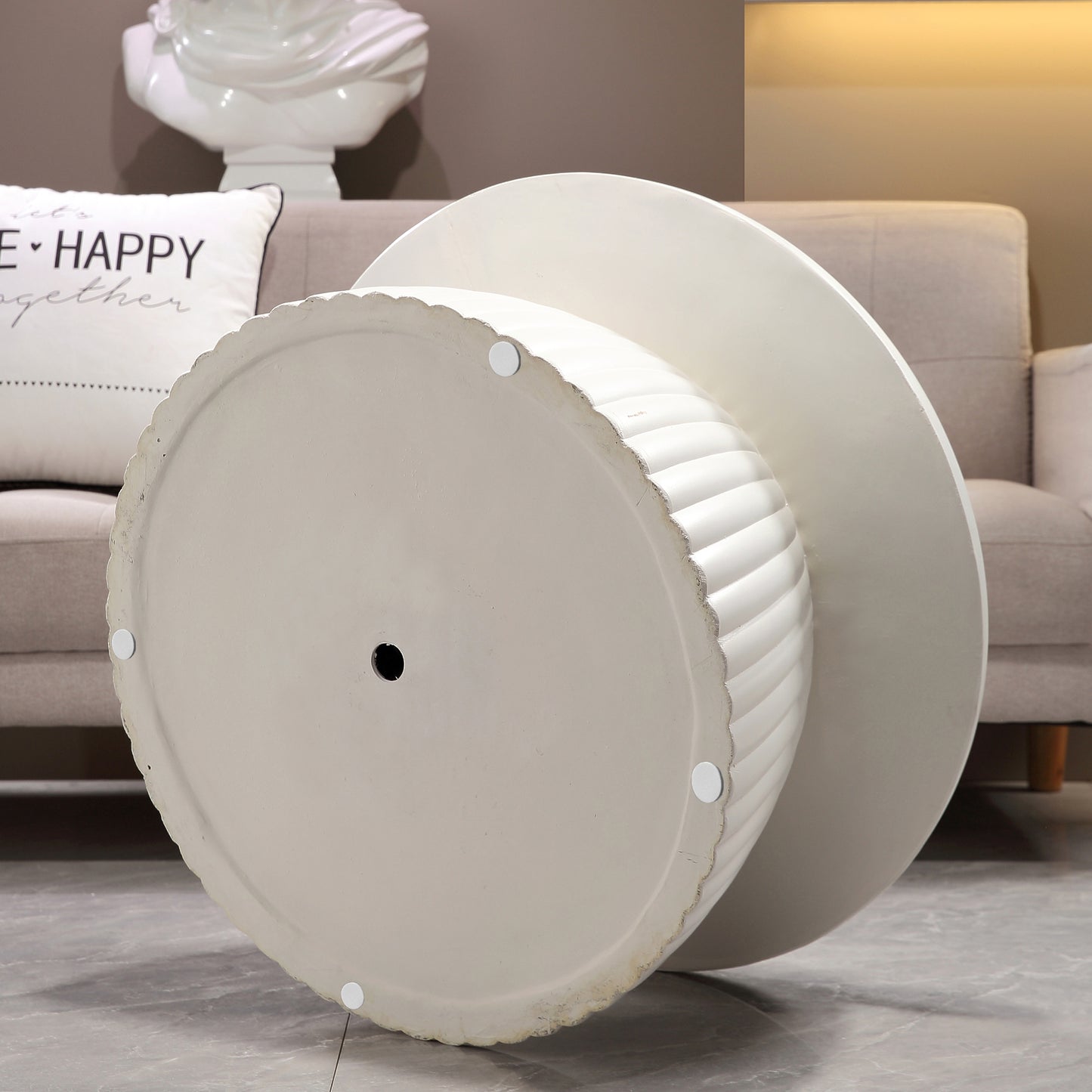 White Magnesium Oxide Fluted Pedestal Coffee Table   27.56" Diameter Round Center Table