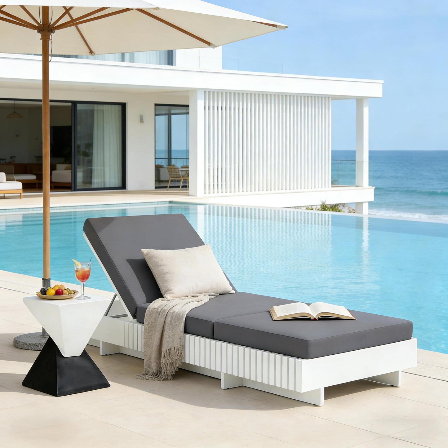 White Acacia Solid Wood Outdoor Chaise Lounge with  Dark Grey 3-Fold Water-Repellent Cushion, 400lbs Capacity,  Modern Patio Sun Lounger for Garden, Poolside