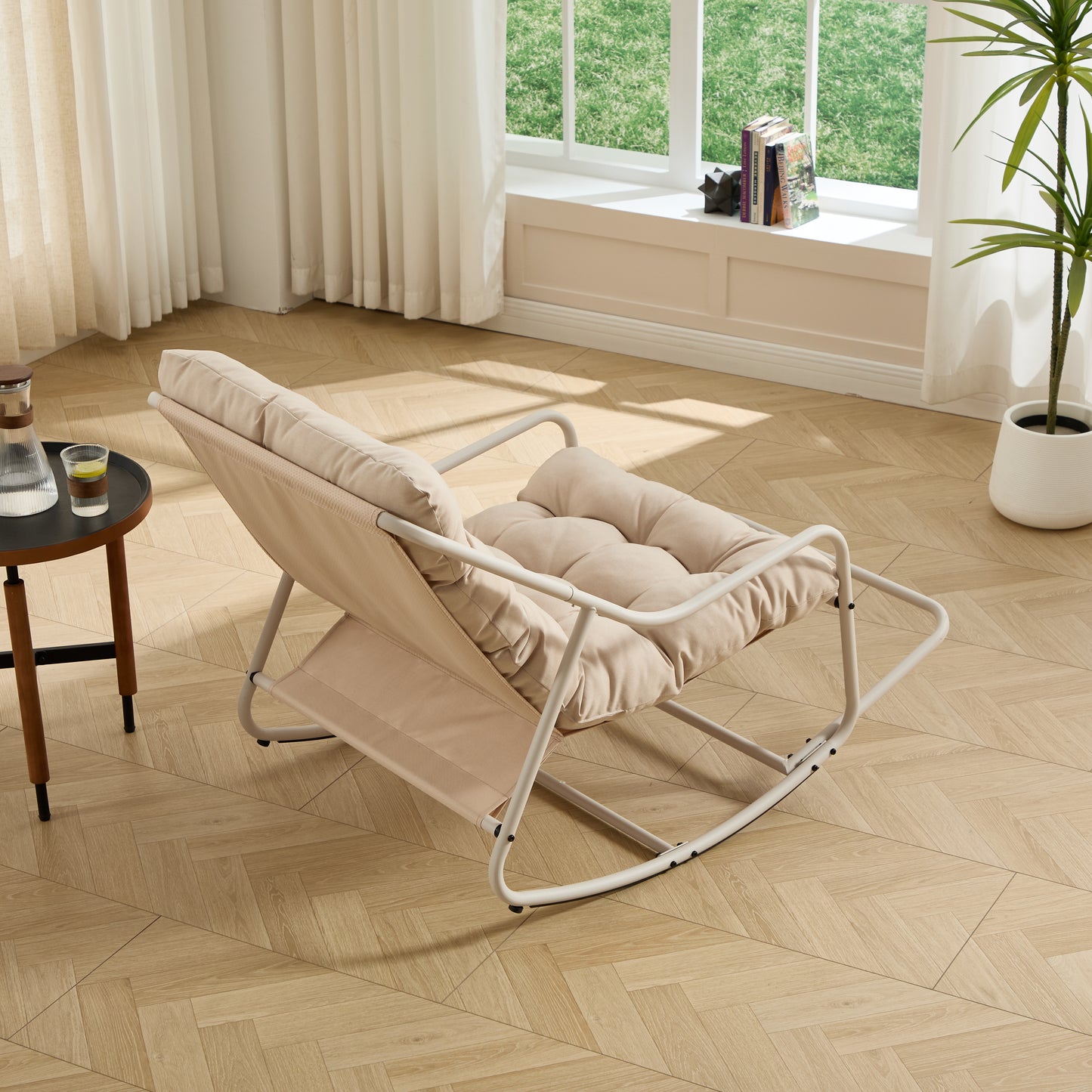Outdoor Rocking Chair, Comfy Cushion, with Soft Thick Cushion,for Living Room, Bedroom, Reading Room, Beige Frame with Beige Cushion