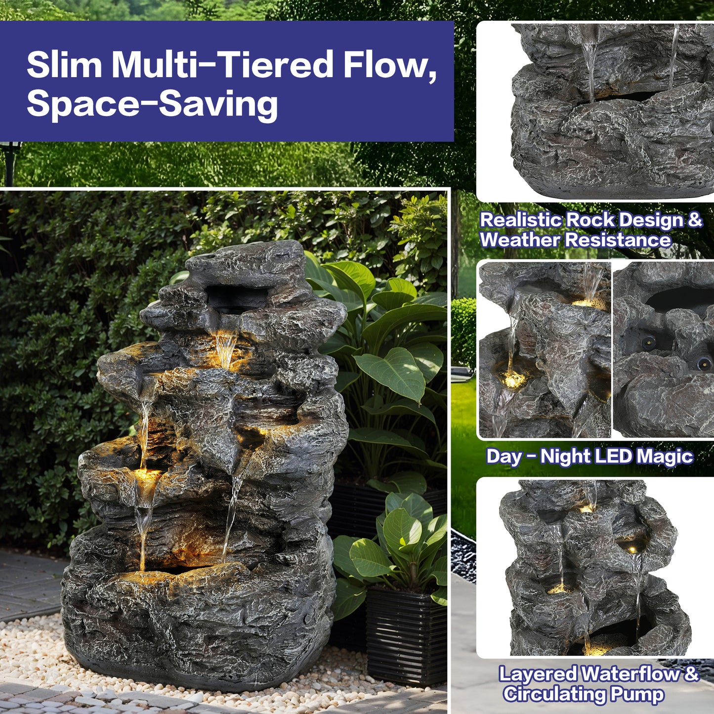 5-Tiered Concrete Tall Slim Fountain, 23.85"H –LED-Lit Column, Space-Saving Modern Outdoor Accent, All-Weather Resistant