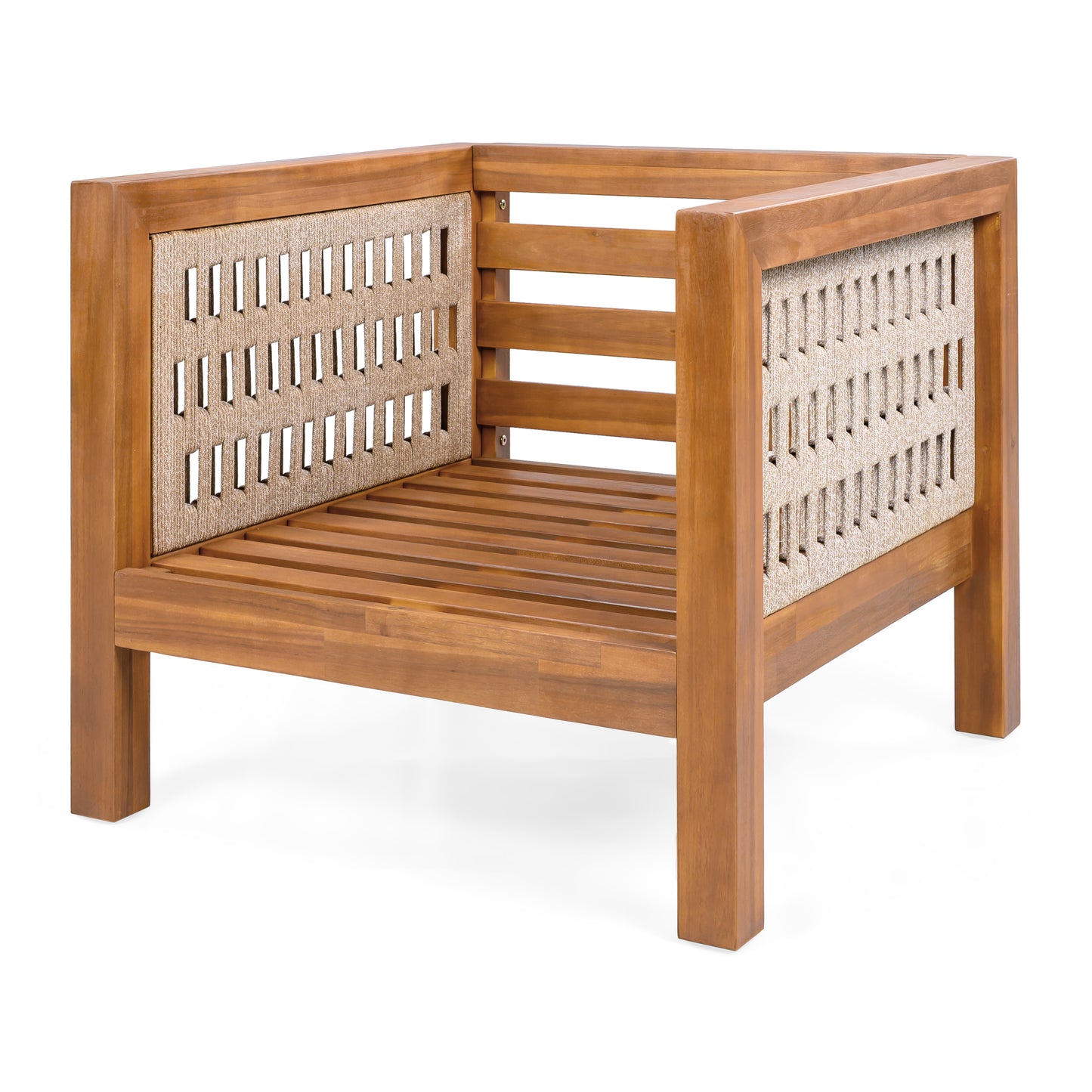 Acacia Wood Outdoor Club Chair  with Beige Rope Arm and Beige Cushions,400 lbs Capacity