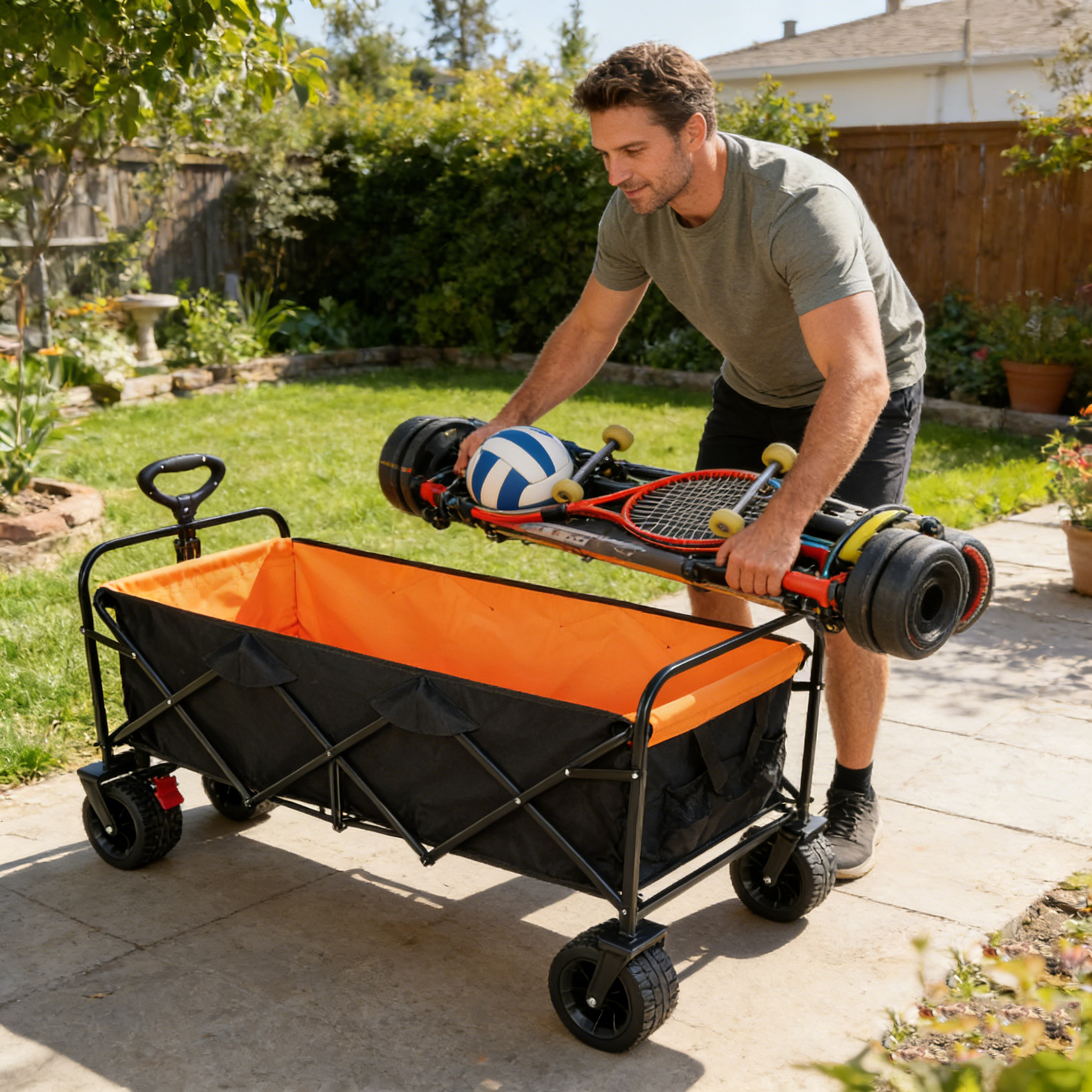 Big large capacity Folding cart Extra Long Extender Wagon Cart Folding Wagon Garden Shopping Beach Cart (black + orange)