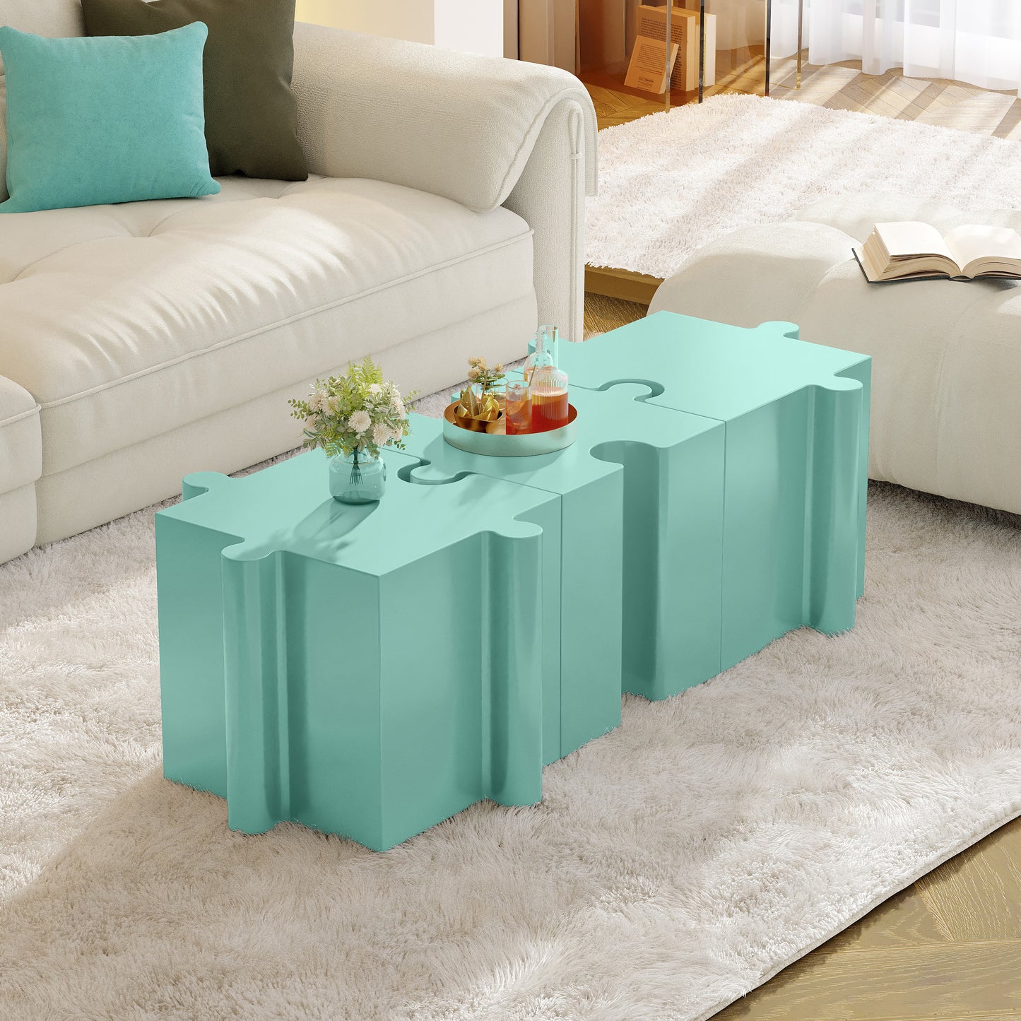 Puzzle Art Side Table, Modular Convex Edge MGO Table - Buy Singles or Combine for Custom Layouts,  Indoor & Outdoor,Light Green Color