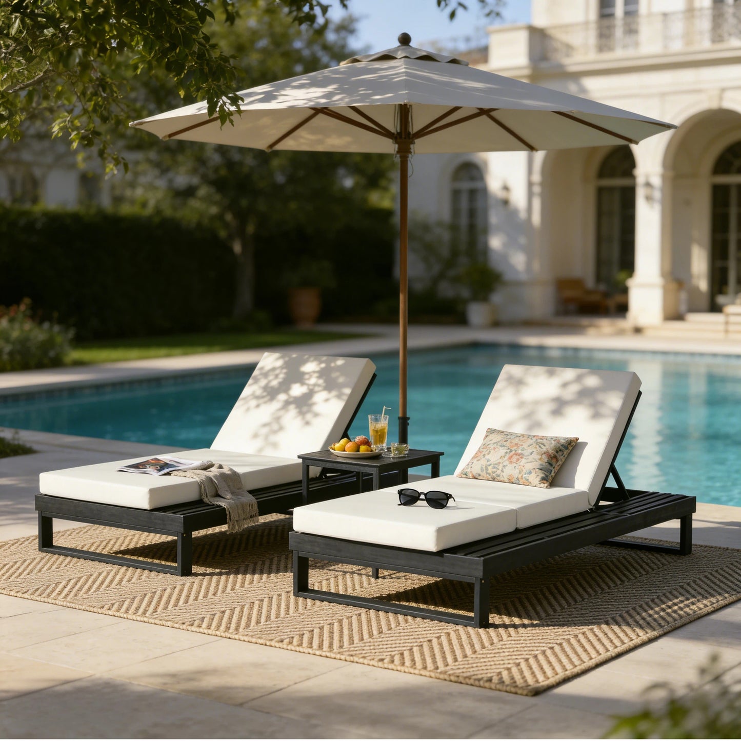 Black Acacia Wood Chaise Lounge with 4-Inch Cream 3-Fold Cushion Set, 4-Position Adjustable Outdoor Patio Lounger with Flat Side Surface, for Poolside-Matching dark grey version available
