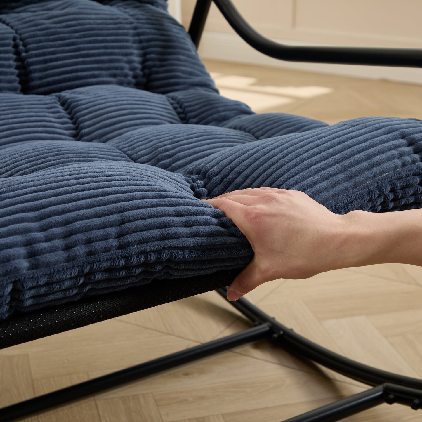 Outdoor Rocking Chair, Comfy Cushion, with Soft Thick Cushion,for Living Room, Bedroom, Reading Room, Black Frame with Navy blue Cushion