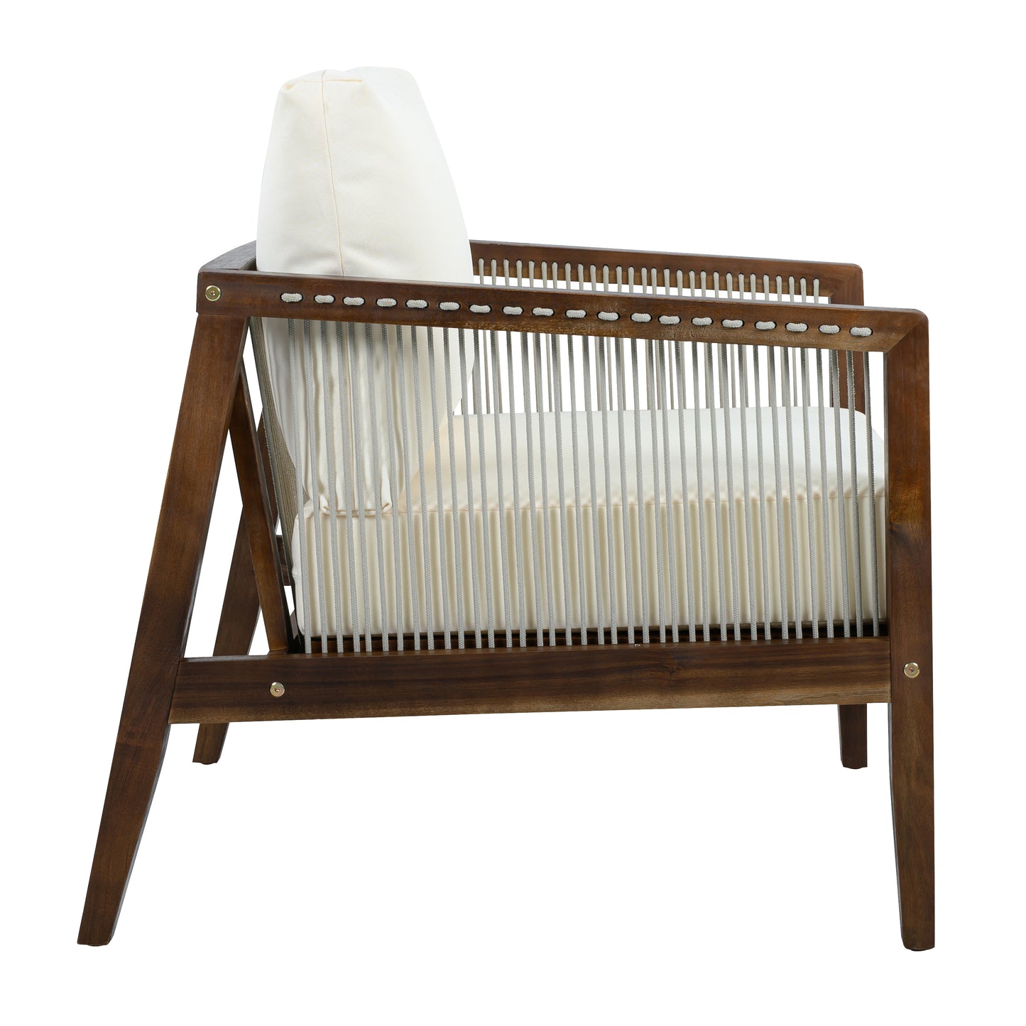 Outdoor Club Chair, Acacia Wood Frame with Rope Back, Water-Repellent Beige Cushions for Patio/Backyard/Deck, Dark Brown