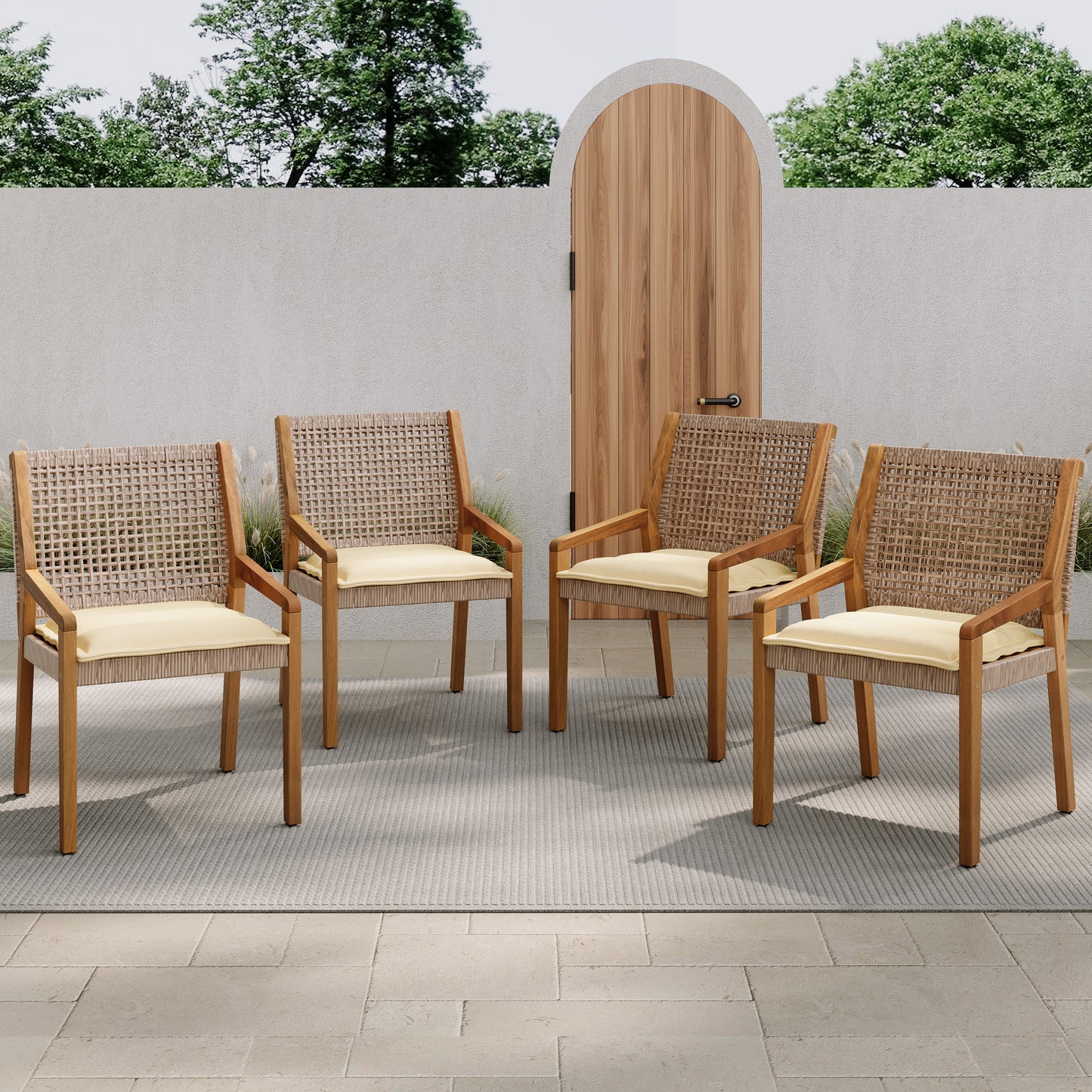 OUTDOOR DINING CHAIR SET-Acacia Wood and Wicker with Cream Cushion Patio Furniture-Teak finish & wicke Brown ,Suitable for large gatherings-set of 6(N770P272397G(3-box))