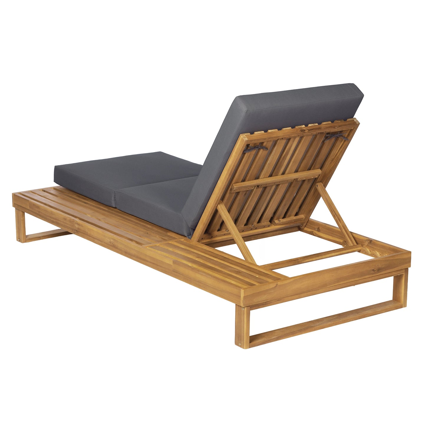 Teak Finish Acacia Wood Chaise Lounge with 4-Inch Dark Grey 3-Fold Water-Resistant Cushion Set, 4-Position Adjustable Outdoor Patio Lounger with Flat Side Surface- Matching cream version available