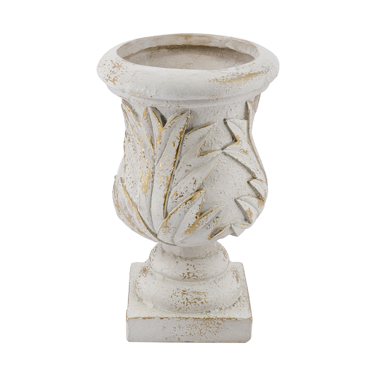 10.2x10.2x16.9" Ornate Magnesium Urn Planter with Antique White Finish and Carved Leaf Details