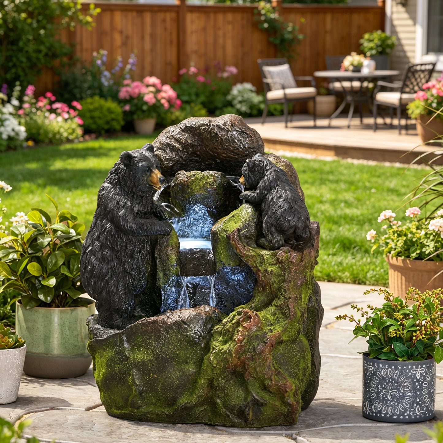 23.75" High Hand Crafted Weather Resistant Floor Fountain, Moss + Black