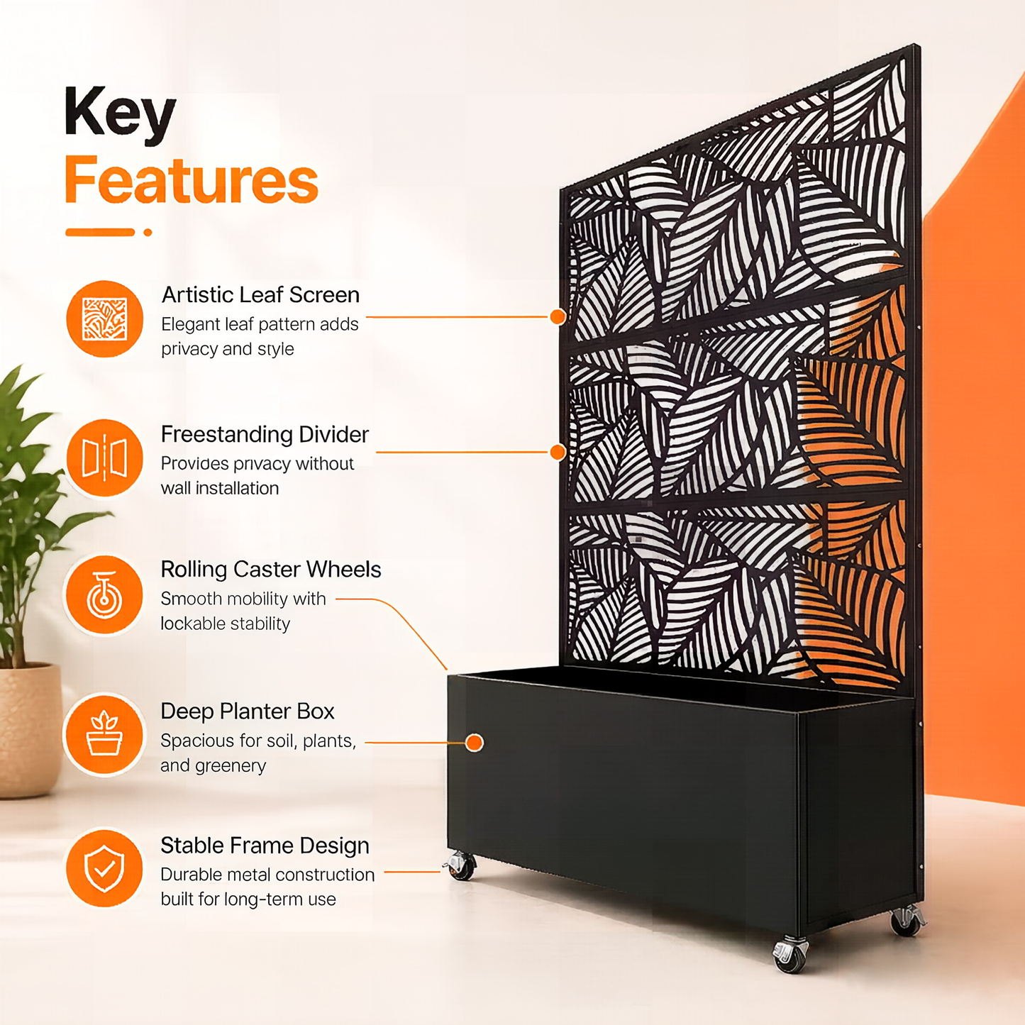 70.87" H × 46.06" W Leaf Pattern Privacy Screen with Planter Box, Black Metal Freestanding Decorative Fence Planter for Patio Balcony Backyard