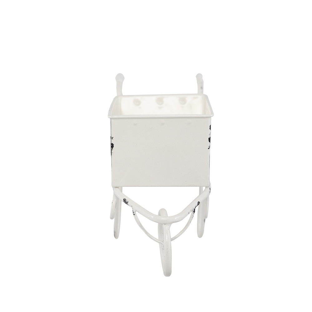 11.5x4x7" White Metal Decorative Disressed Wheelbarrow Planter, Tabletop Decor