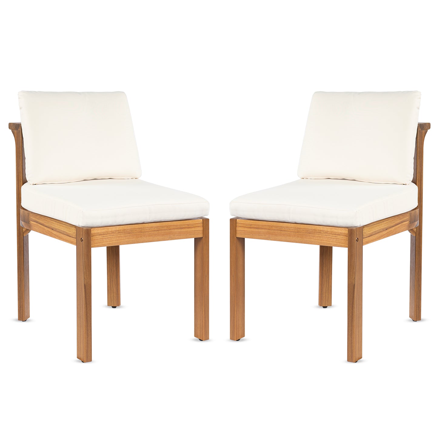 Acacia Wood Outdoor Dining Chair (Set of 2), Teak Finish Wood + Cream Cushions