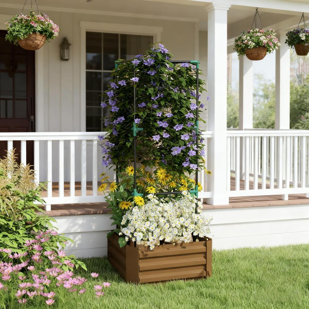 Garden Bed,Raised Garden Bed,Galvanized Planter Box with Cage for Climbing Vines