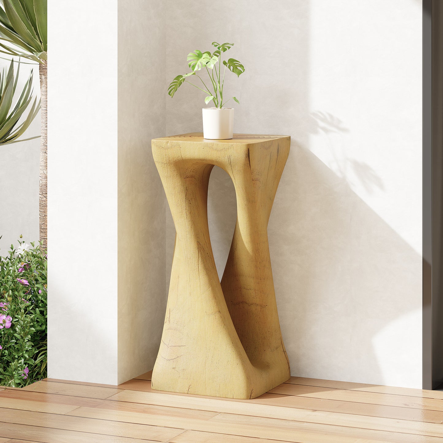 Outdoor Side Table,Twist Shape End Table,Decorative Accent Table,Garden Stool Table for Patio Balcony Beach Pool Side,Lightweight Concrete,Wood Like Texture,Natural Color