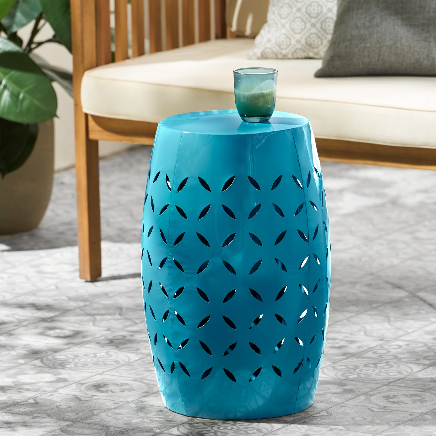 LILAC 12" Accent Side Table, Cylindrical Design End Table for Living Room, Family Room, or Entryway, Industrial Style,Coffee Side Tables for Indoor Outdoor, Blue Color