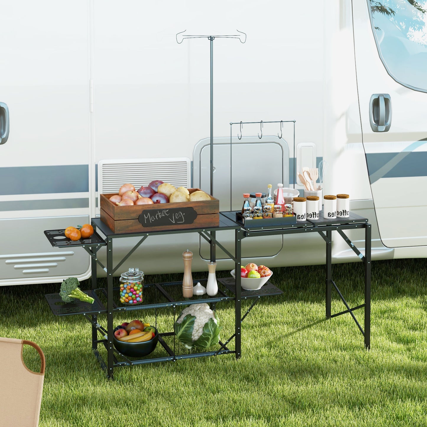 Outsunny Folding Camp Kitchen Table, Portable Camping Cooking Station with Adjustable Lantern Holder, Hanging Hooks and Carrying Bag for Outdoor Picnic Beach BBQ Traveling