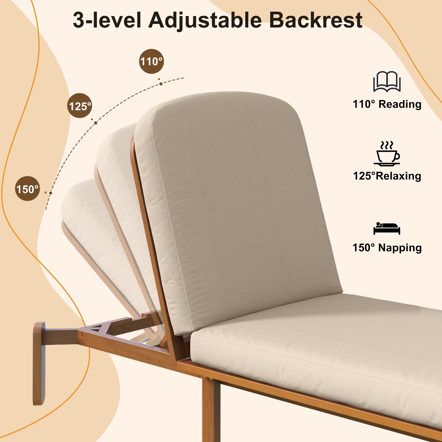 Outdoor Chaise Lounge Adjustable Patio Chaise Outdoor Reclining Chair Pool Lounge Chair with Adjustable Backrest for Patio, Poolside or Beach, Brown