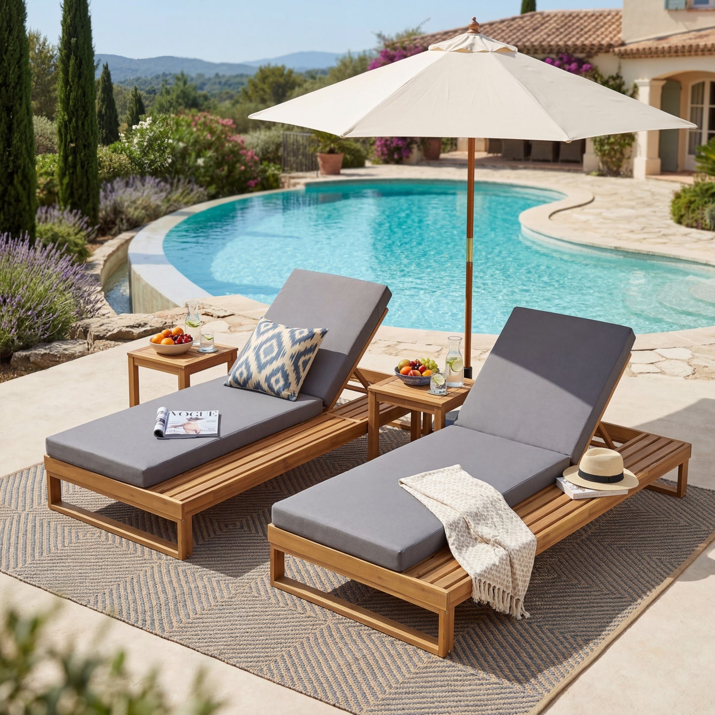 Teak Finish Acacia Wood Chaise Lounge with 4-Inch Dark Grey 2-Fold Cushion Set, 4-Position Adjustable Outdoor Patio Lounger with Flat Side Surface, for Poolside - Matching cream version available