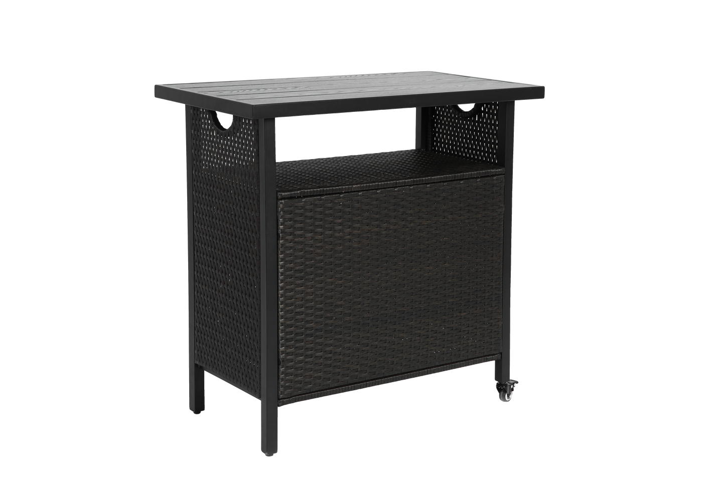 Outdoor Wicker Bar Cart, Patio Wine Serving Cart w/Wheels , Rolling Rattan Beverage Bar Counter Table for Porch Backyard Garden Poolside Party, Black