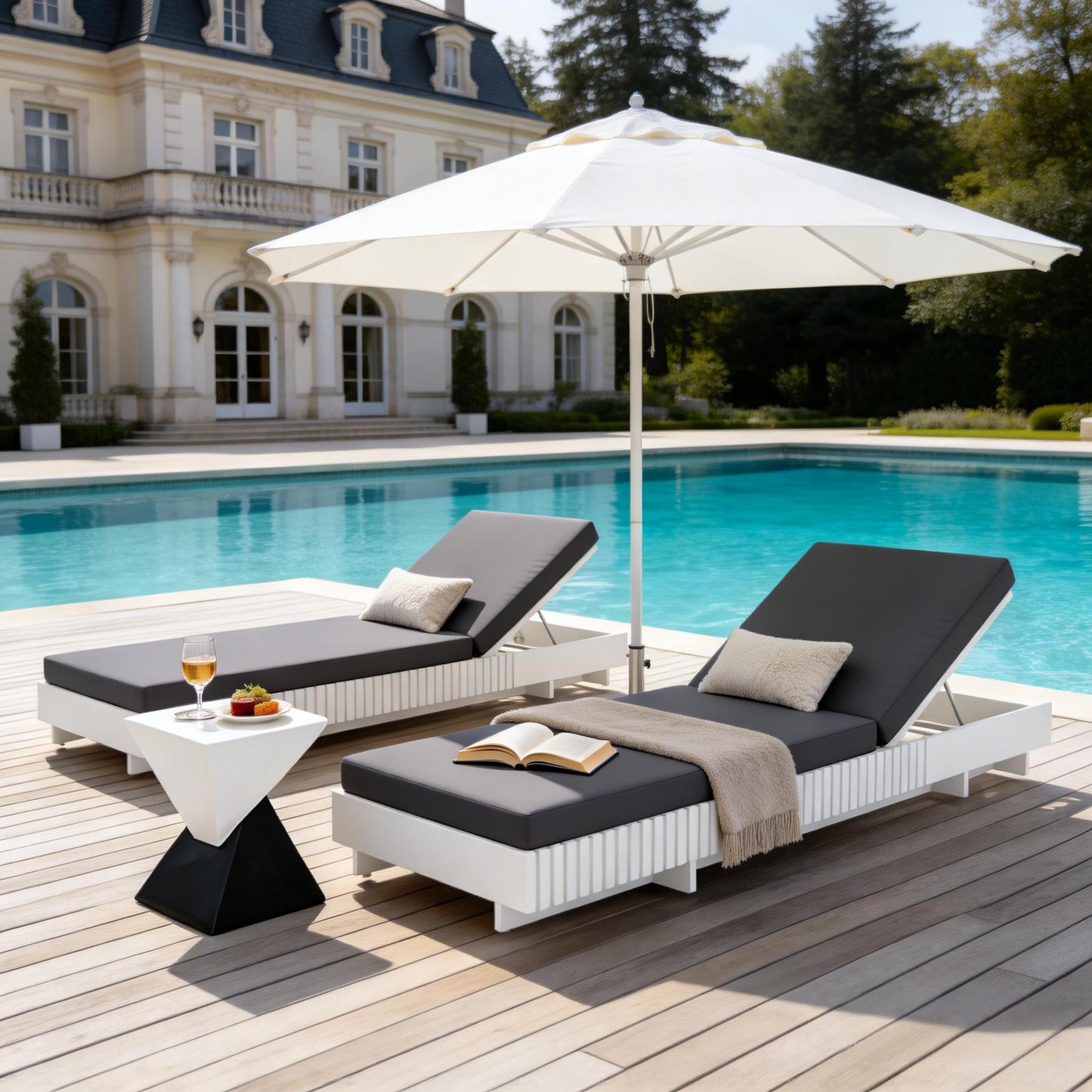 White Acacia Solid Wood Outdoor Chaise Lounge with Dark Grey Water-Repellent Cushion, 400lbs Capacity, Modern Patio Sun Lounger for Garden, Poolside