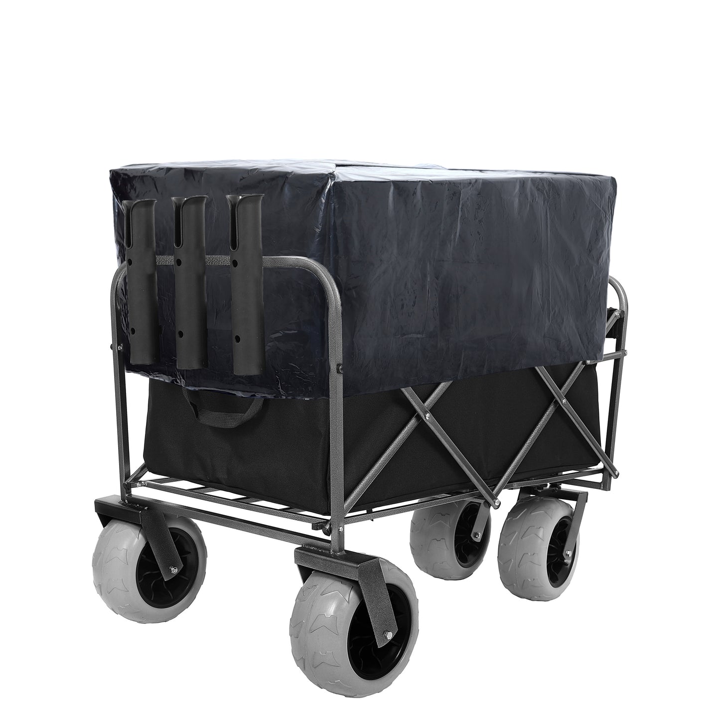 Fishing Cart with Rod Holders,Beach Wagon with Big Wheels for Sand 500lbs Capacity - All Terrain Steel Frame Utility Cart with 9" Pneumatic Tires,Strap with multiuse Bag,Black