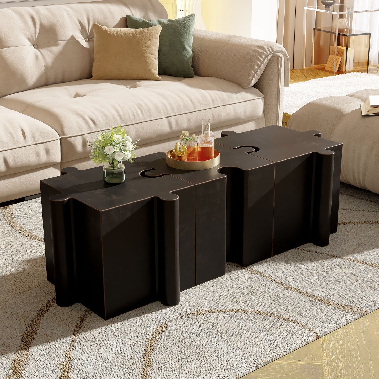 Puzzle Art Side Table, Modular Concave Edge MGO Table - Buy Singles or Combine for Custom Layouts, Indoor & Outdoor,Antique Copper Color